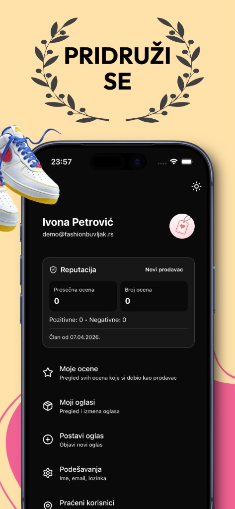 Profil korisnika sa reputacijom i menijem u FashionBuvljak